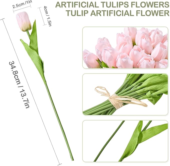 Artificial Flowers Mother's Day Easter Valentine's Day Gifts, Artificial Flowers Fake Tulips Flowers Home Kitchen Wedding Table Decorations a Bunch of 20 Light Pink Tulips