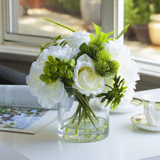 ENOVA FLORAL Artificial Rose Flowers in Vase, Mixed Fake White Rose and Silk Peonies in Vase with Faux Water for Dining Table Centerpieces, Home Decor Indoor