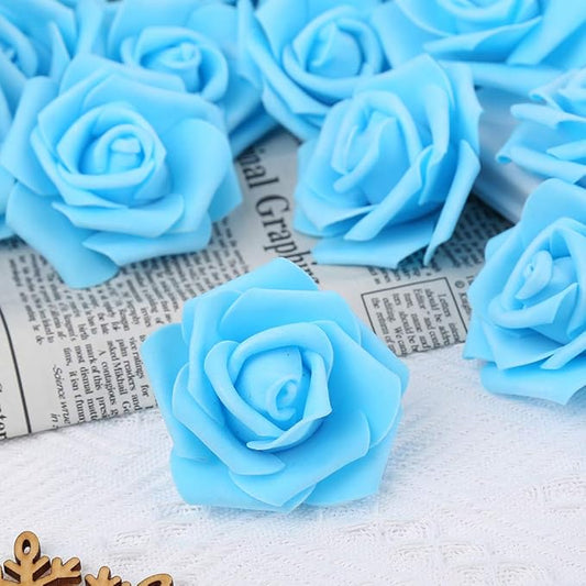 Artificial Rose Flower Heads, 100pcs Blue Roses Artificial Flower Foam Rose for DIY Wedding Bouquets Centerpieces Arrangements Party Baby Shower Home Decor (Stemless,Sky Blue)