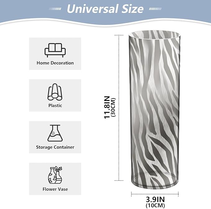 Flower Vase Clear Plastic Cylinder Vases Decor for Centerpieces Home Storage Office Weddings Zabra Print Silvery 11.8 x 3.9 in