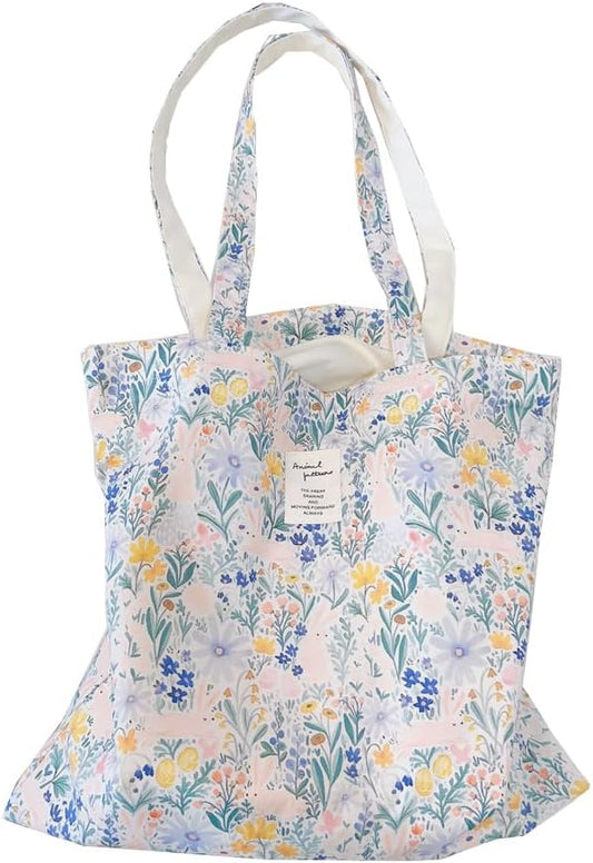 Cotton Canvas Tote Bag Reusable Soft Grocery Cloth Bag Floral Shoulder Bag for Beach Travel Shopping