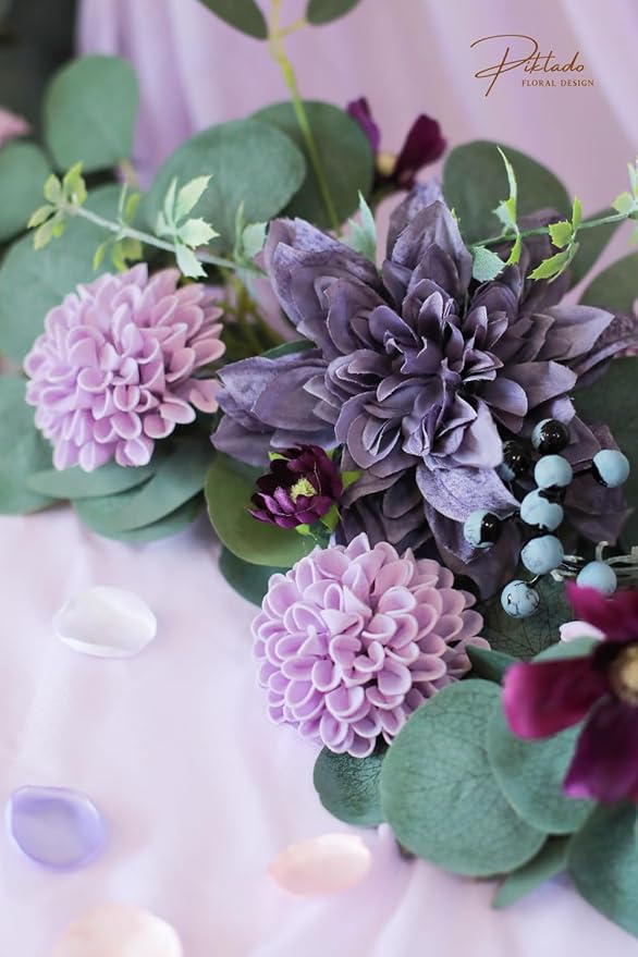 Artificial Wedding Dahlia Flowers 25 pcs Lavender Fake Roses w/Stem for DIY Wedding Decor Centerpieces Arrangements Bouquets(Lilac)