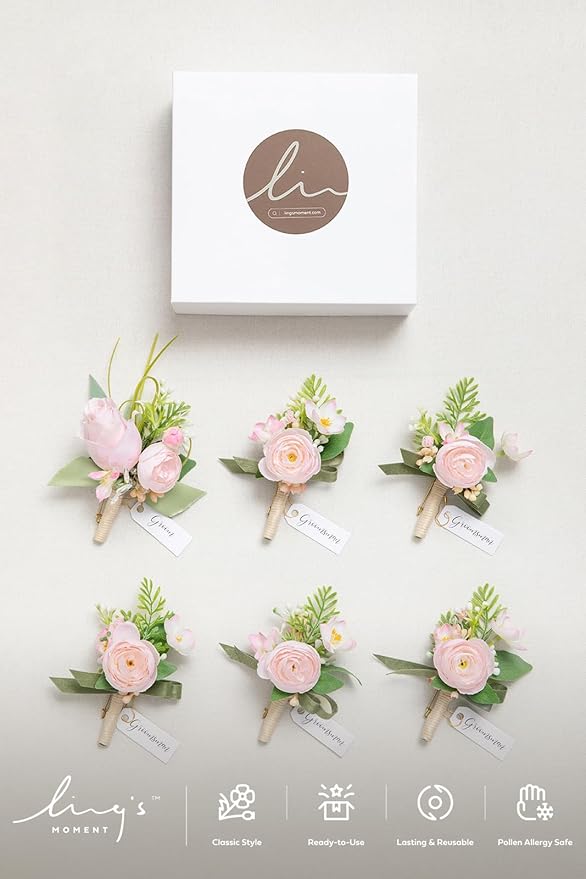 Ling's moment Boutonniere for Men, 6pcs Groom Groomsmen Boutonniere, Artificial Flowers for Wedding Decor/Prom/Homecoming, etc.Blush Pink