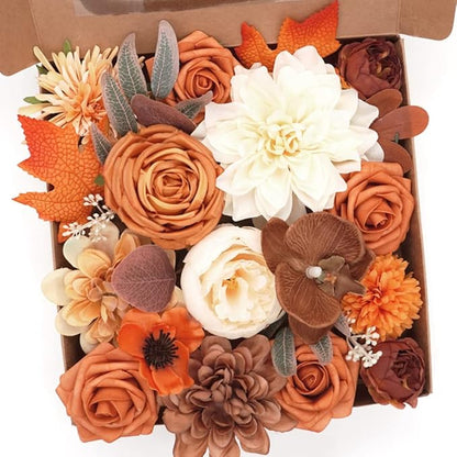 AKKER Terracotta Artificial Wedding Flowers Combo Box Set Burnt Orange Flowers Fall Silk Flower in Bulk for DIY Wedding Bouquets Decorations