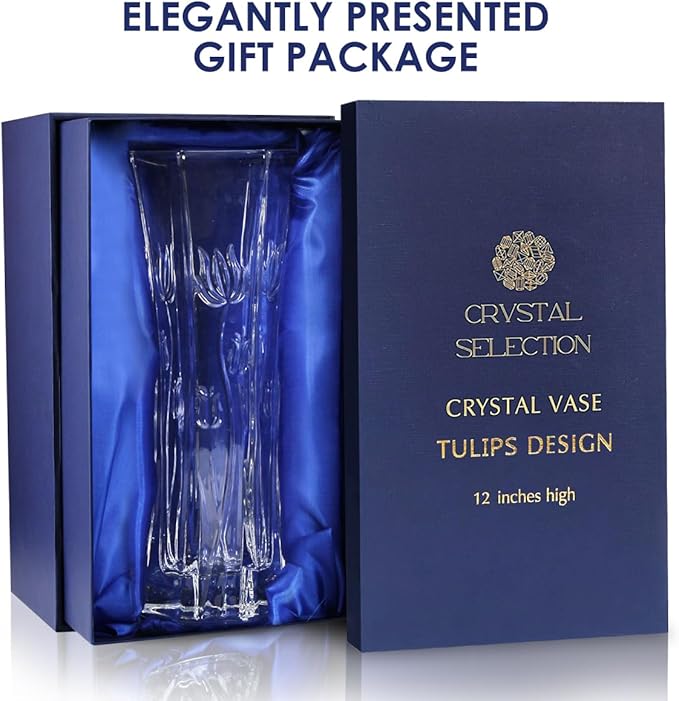 CS Crystal Vase 12-inch high, Tulip Design, for Flowers & Decor. Lovely Nice Shiny Piece. Perfect as a Gift, Suitable for All Occasions.