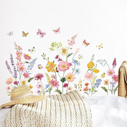 Butterfly and Wild Flower Wall Decals Peel and Stick for Girls Room Wall Decals, Living Room, Nursery, Removable Waterproof Stickers & Murals for Home Decor