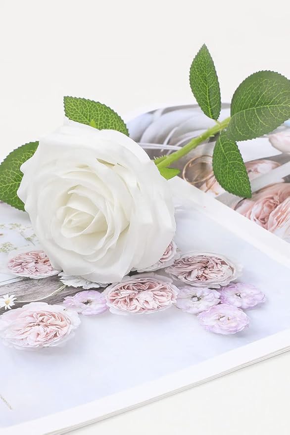 Artificial Rose Flower White Flowers White Roses Silk Flowers 12 pcs with Long Stem Silk Roses Bouquet for Wedding Bridal Shower Party Home Decoration