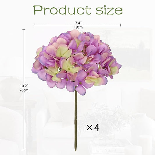 Hollyone Purple Silk Hydrangea Artificial Flowers Heads 7.4inch Large Fake Hydrangea 4Pcs Full Faux Flowers with Stems for Wedding Party Table Centerpieces Flower Arrangement Home Decor