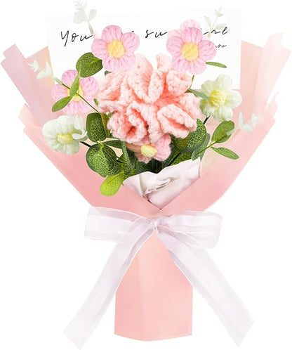 Crochet Flowers Bouquet,Handmade Carnation Flowers Knitted Artificial Crochet Flowers Present for Mother's Day Valentine's Day Birthday Home Decor(Medium-Pink Carnation)