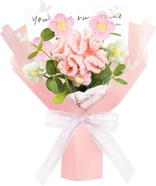 Crochet Flowers Bouquet,Handmade Carnation Flowers Knitted Artificial Crochet Flowers Present for Mother's Day Valentine's Day Birthday Home Decor(Medium-Pink Carnation)