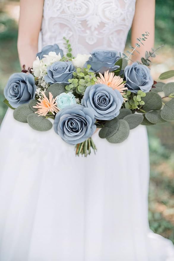 50pcs Roses Artificial Flowers Dusty Blue Silk Roses with Long Stems Fake Flowers for Wedding Bouquet Centerpices Decorations Party Bridal Baby Shower Home Decor
