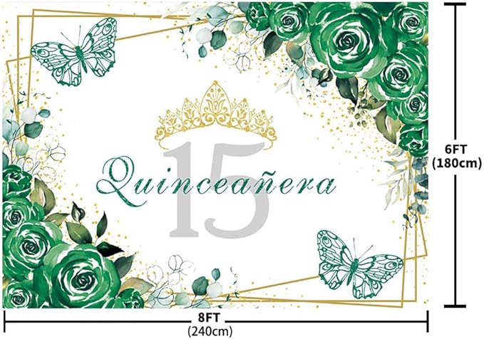 SENDY 8x6ft Quinceañera Backdrop Mis Quince 15 Anos Birthday Party Decorations Supplies for Girl Princess Green Floral Butterfly Gold Crown Photography Background Banner Photo Booth Studio Props