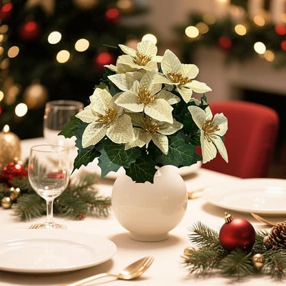 6 Pack Yellow Christmas Artificial Poinsettia Flowers Faux Poinsettia Bush Bouquets Silk Poinsettia Christmas Tree Ornaments Poinsettia Flower Arrangement for Home Decor