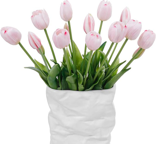 15 Pcs Light Pink Artificial Flowers Tulips Real Touch Latex Plastic Soft Faux Bouquets for Party, Wedding, Home, Room, Garden Decor