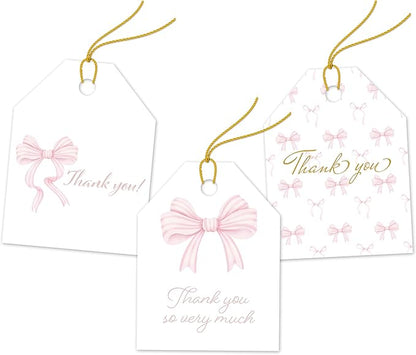 Pro Supply Global 24 Count of 2.5 Inch x 3 Inch Pre Strung Pink Bows Gift Tag Assorted Printed Designs on Large Cardstock Gift Hang Tags - Ideal to Use on Bags