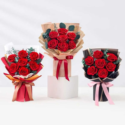 Mosstory Roses Bouquet 7-Piece Forever Flowers Bouquet Gift for Her Women Wife Mothers Anniversary Birthday Wedding (Red Roses)