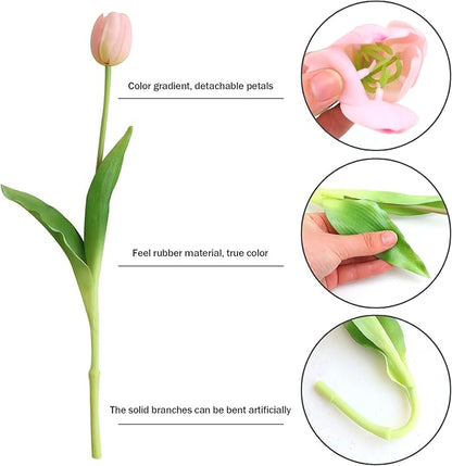 Artificial Pink Tulips, 10pcs Real Touch Faux Latex Tulips, 15.3" Stems, Wrinkle Resistant, Perfect for Home, Parties, Weddings