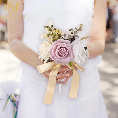 Meldel Set of 6 Wedding Flowers Fake Rose Mini Bridesmaid Bride Bouquets Dusty Pink Ivory Small Floral Wedding Centerpieces Decor Artificial Flower Arrangements for Tables Home Party Decorations