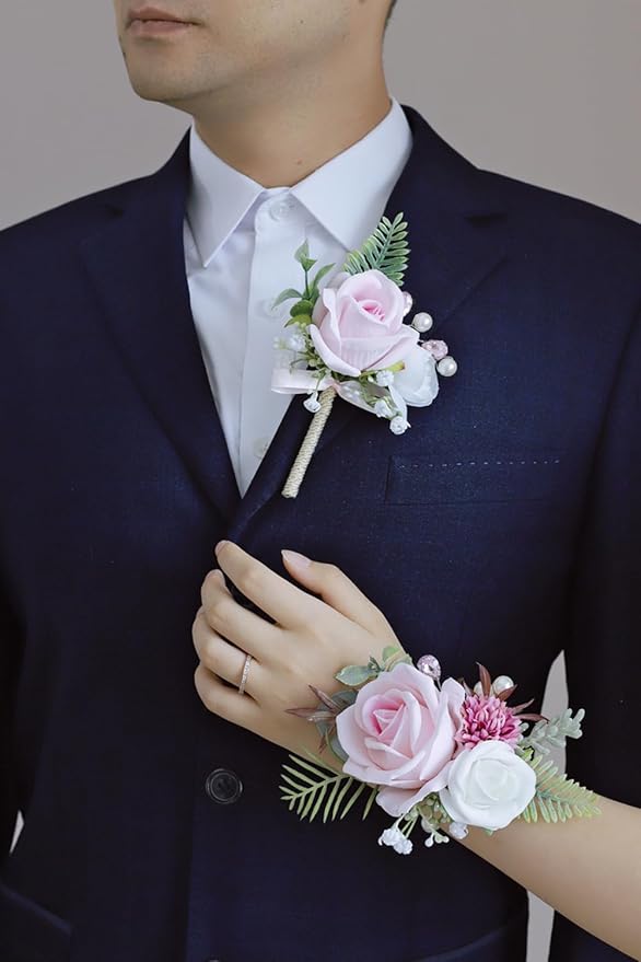 Pink Corsage and Boutonniere Set, Prom Wedding Homecoming Wrist Corsage Wristlet and Boutonniere Set for Grooms Groomsmen Guest Bridal Bridesmaid Artificial Flower Suit Decoration