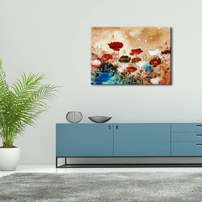 Wieco Art Giclee Canvas Prints Wall Art Blooming Poppies Modern Gallery Wrapped Grace Contemporary Flowers Artwork Colorful Floral Pictures Paintings Ready to Hang for Bathroom Home Decorations