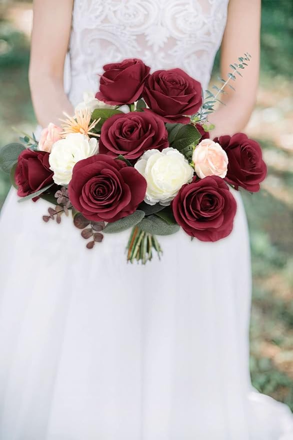 30pcs Roses Artificial Flowers Fake Flowers with Long Stems Burgundy Silk Flowers for Wedding Bouquet Centerpices Decorations Party Bridal Baby Shower Home Decor