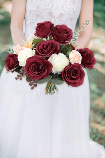 12pcs Roses Artificial Flowers Fake Flowers with Long Stems Burgundy Silk Flowers for Wedding Bouquet Centerpices Decorations Party Bridal Baby Shower Home Decor
