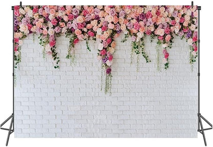 LTLYH 8x6ft Vinyl White Brick Wall Flowers Backdrop Mother's Day Wedding Bridal Baby Shower Birthday Party Decor Banner Background Photo Prop 134