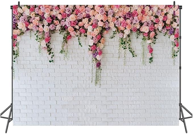 LTLYH 12x10ft White Brick Wall Backdrop Pink Flowers Backdrops Girls Birthday Party Weeding Bridal Shower Anniversary Ceremony Decor 134……