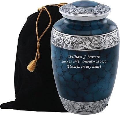 MEMORIALS 4U Custom Engraved Cremation Urn - Handcrafted Urn for Human Ashes - Affordable Urn for Ashes with Velvet Bag (Classic Cloud Blue)
