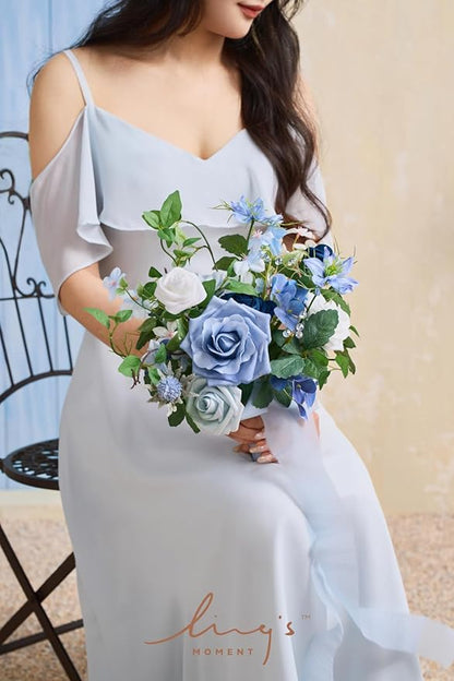 Ling's moment Artificial Flowers Dusty Blue Bridesmaid Bouquet Set of 4, Blue & Ivory Wedding Flowers Bouquets for Bridesmaids, 7 Inch Bridal Bouquets for Bridesmaids, Wedding, etc