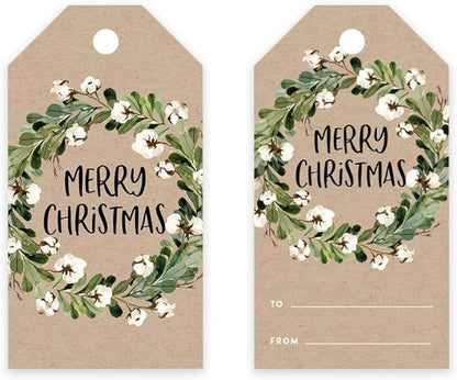 Andaz Press Christmas Holiday Season Classic Gift Tags, Merry Christmas to from Classic Favor Tags, Kraft Brown with Floral Christmas Wreath Design, for Holiday Events, Parties, and Favors, 60-Pack