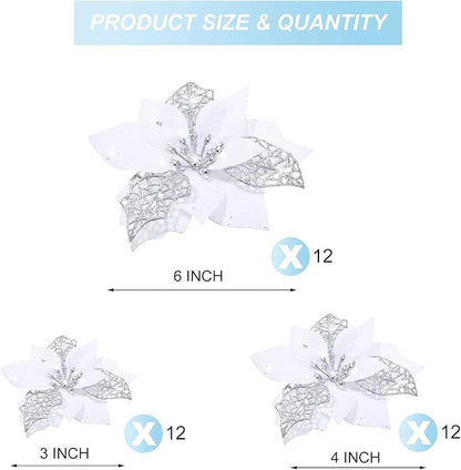 WILLBOND 36 Pieces White Christmas Poinsettia Glitter Faux Flowers Artificial Flowers Tree Ornaments Topper Xmas Decorations