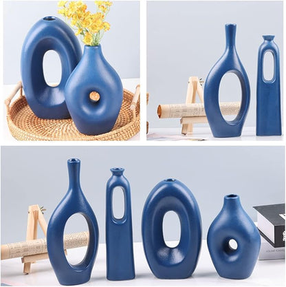 Blue Ceramic Vase Set of 4 - Round Hollow Boho Vases for Pampas Grass and Flowers Decor, Modern Minimalist Small Vases for Living Room, Bedroom, Fireplace, Coffee Table Decor and Centerpieces