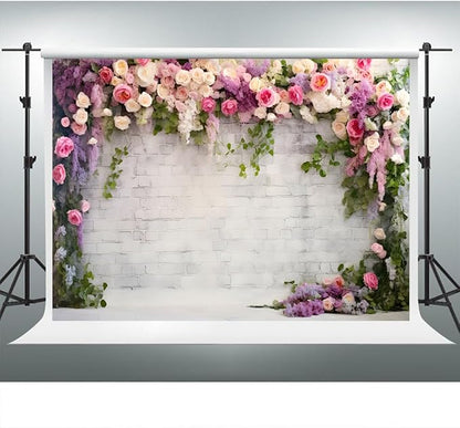 YongFoto Retro White Brick Wall Floral Arch Backdrop 20x10ft Rose Flowers Vine Leaves Photography Background Birthday Bridal Shower Wedding Party Banner Room Decor Portraits Photoshoot Wallpaper