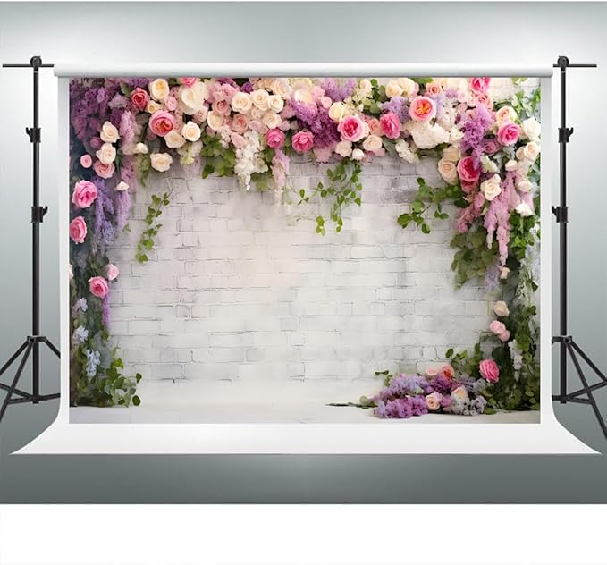 YongFoto Retro White Brick Wall Floral Arch Backdrop 7x5ft Rose Flowers Vine Leaves Photography Background Birthday Bridal Shower Wedding Party Banner Room Decor Portraits Photoshoot Wallpaper