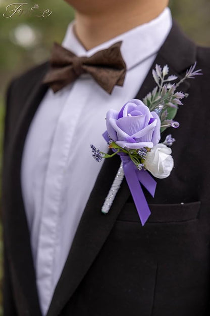 Fnize Purple Boutonniere for Men, 6 Pcs Groom Groomsmen Boutonnieres, Artificial Flowers for Wedding Prom Homecoming