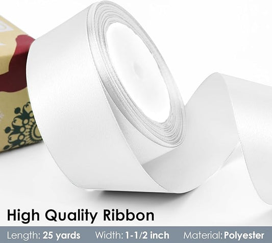 25 Yards 1.5 inch Satin Ribbon, Solid Color Fabric Ribbon Perfect for Gift Wrapping, Wedding, Handmade Bows, Floral Bouquets and Party Decoration(White)