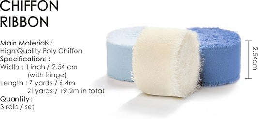 Vitalizart Dusty & Baby Blue Chiffon Silk Ribbon 1" x 21 Yd Fringe Fabric Package (3 Rolls * 7 Yd) for Wedding Invitations Bridal Bouquets Decorations Gifts Wrapping & Bow Making