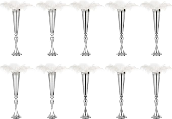 LoveCat 10pcs of Metal Trumpet Silver Vases for Table Centerpieces, Anniversary Celebration Wedding Party Dinner Table Centerpieces, Wedding Decorations, 21.9in/55.5cm Tall Minimalism Vases