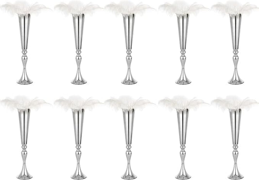 LoveCat 10pcs of Metal Trumpet Silver Vases for Table Centerpieces, Anniversary Celebration Wedding Party Dinner Table Centerpieces, Wedding Decorations, 21.9in/55.5cm Tall Minimalism Vases