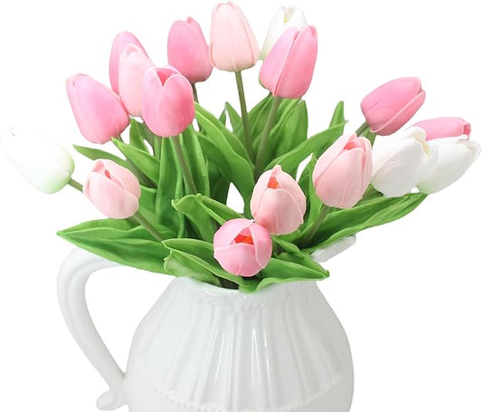 Artificial Flowers 10 Heads Mini Real Touch Artificial Tulip Multicolor Bouquet for Home Wedding Party Centerpiece Decoration (Pink&White&Light Pink)