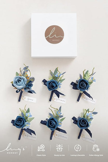 Ling's moment Boutonniere for Men, 6pcs Groom Groomsmen Boutonniere, Artificial Flowers for Wedding Decor/Prom/Homecoming, etc.Blue
