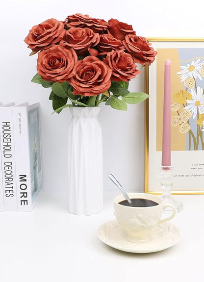 Artificial Rose Flowers Burnt Orange Rose Flowers Silk Flowers 12 pcs with Long Stem Silk Roses Bouquet for Wedding Bridal Shower Party Home Decoration