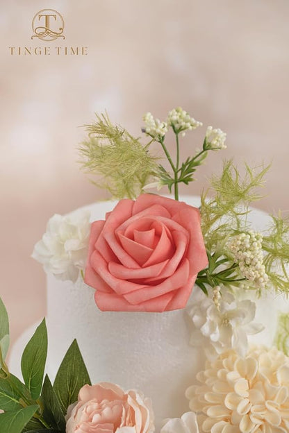 TINGE TIME Artificial Flowers Combo Mix Silk Flowers Pink Roses w/stem for DIY Wedding Bridal Bouquets Baby Shower Floral Arrangement Table Centerpieces Home Decorations (Pink & Champagne)