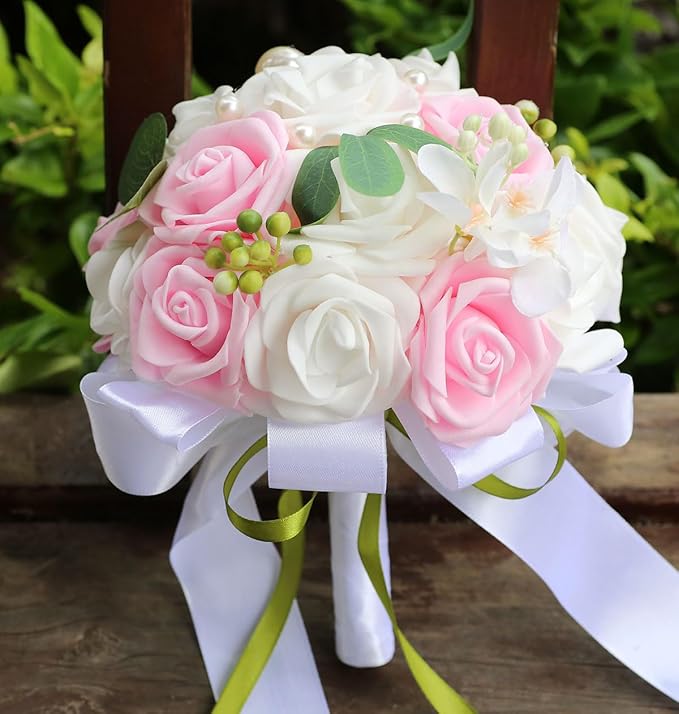 Lightweight Bridal Wedding Bouquet Round Holding Bouquet Throw Toss Artificial Rose Flower Bunch for Bride Bridesmaid Wedding Quinceanera (White & Pink, 7.9")