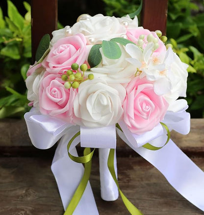 Lightweight Bridal Wedding Bouquet Round Holding Bouquet Throw Toss Artificial Rose Flower Bunch for Bride Bridesmaid Wedding Quinceanera (White & Pink, 6.7")