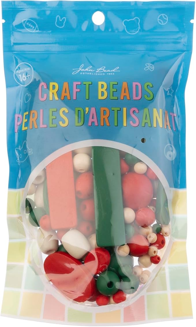 John Bead 90g Craft Beads Dark Green/Red/Natural Wood Beads with Elastic Nylon Cord
