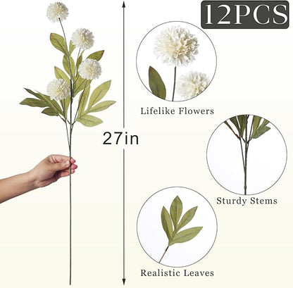 12 Pcs Faux Silk Pompon Mum Artificial Flowers for Vase -27", Bulk Fake Chrysanth Branches with Stems for DIY Bouquet Centerpieces Wedding Fillers Arrangements Shower Decorations (Cream)