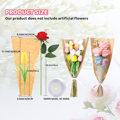 HSONAIGEE 50 Pieces Flower Bouquet Wrapping Paper, 17.7 x 9.5 Inch Small Flower Bags for Bouquets Kraft Floral Wrap Sleeves with Ribbons for Home Mother’s Day Wedding Flower Bar Supplies