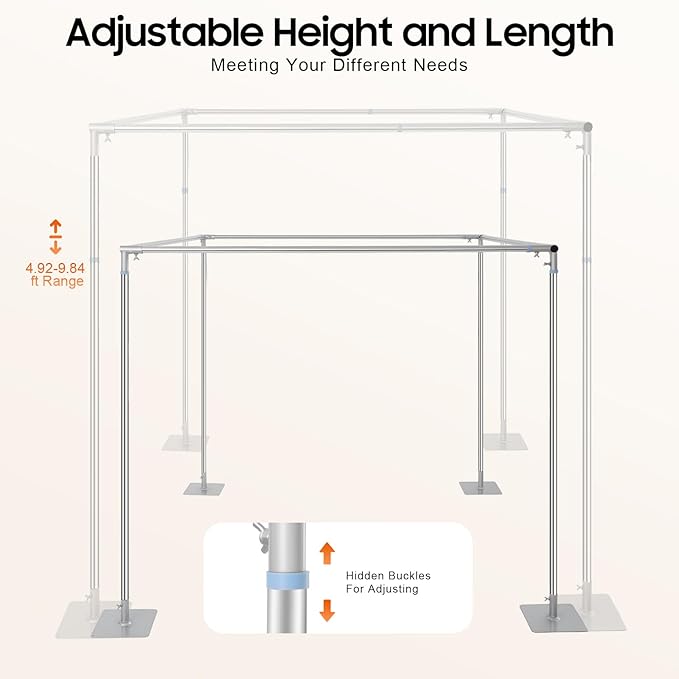 9.84ft Square Backdrop Stand Heavy Duty 4 Post Backdrop Stand Kit Pipe and Drape Photo Background Support Kit Party Back Drop Adjustable Stand Adjustable Metal Frame with Flat Base